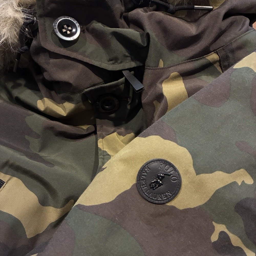 Polo Ralph Lauren Green Camo Fur Hoodie Puffer Jacket Size XL Preppy - Picture 7 of 7